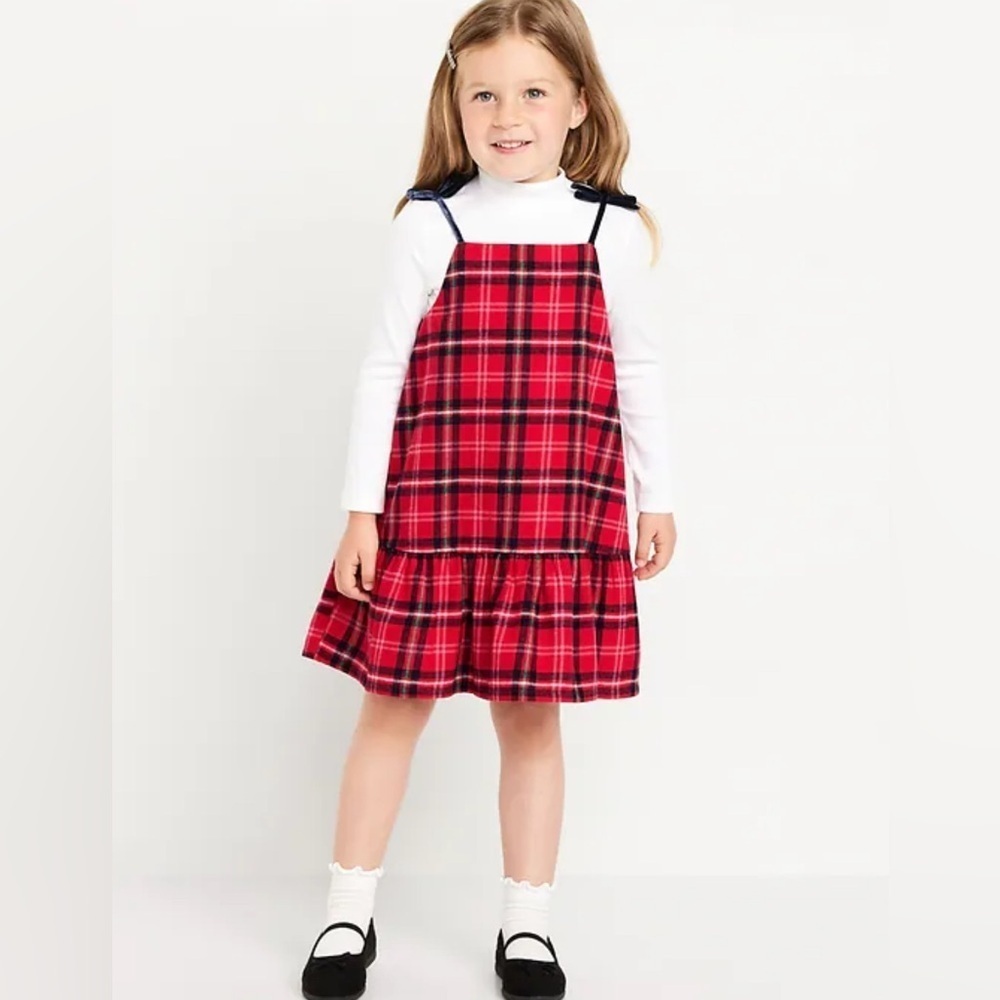 Ribbed Mock-Neck Top and Tie-Bow Ruffled Dress Set for Toddler
Girls Size 4T